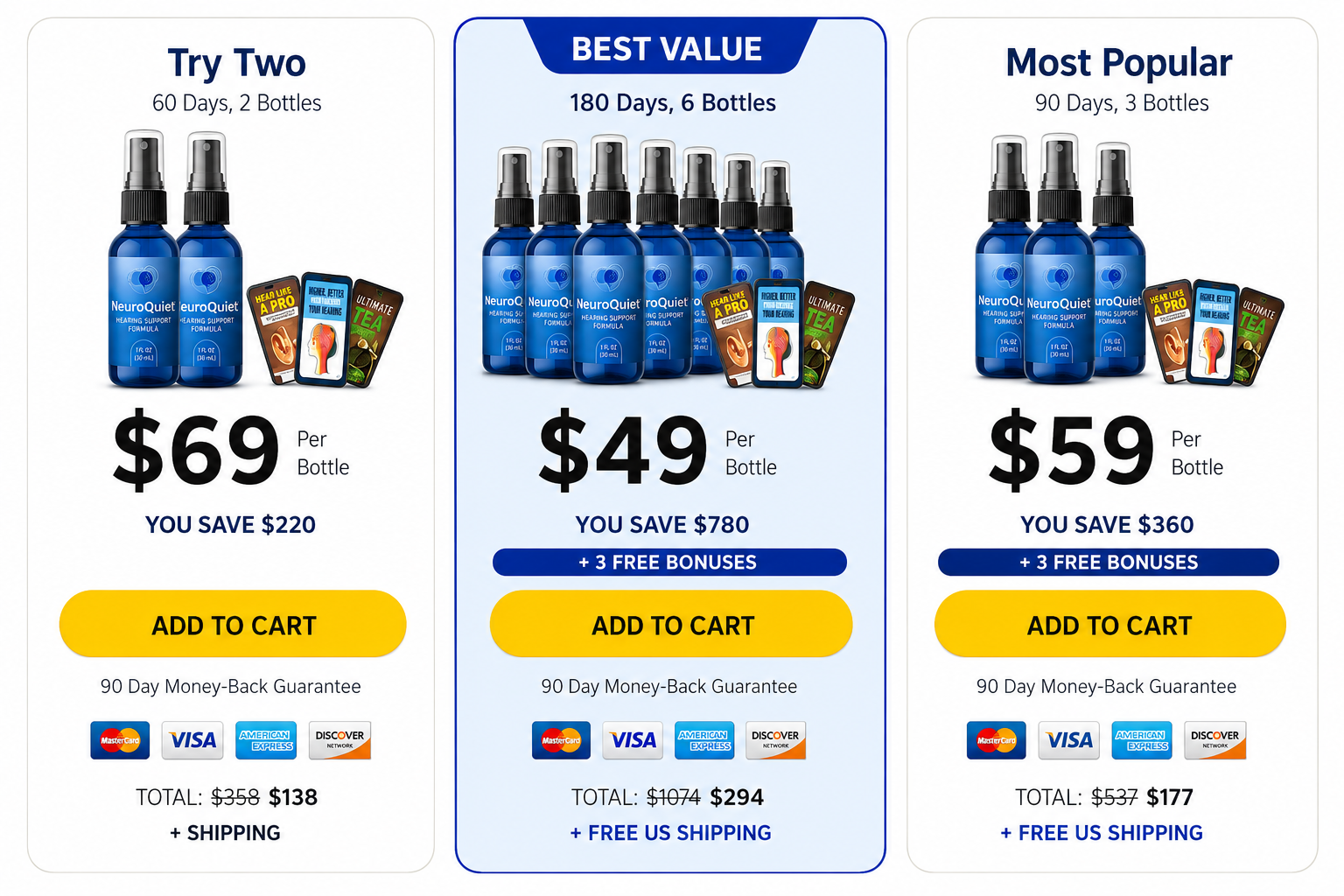 NeuroQuiet pricing packages – 2, 3, and 6 bottle options with bonuses